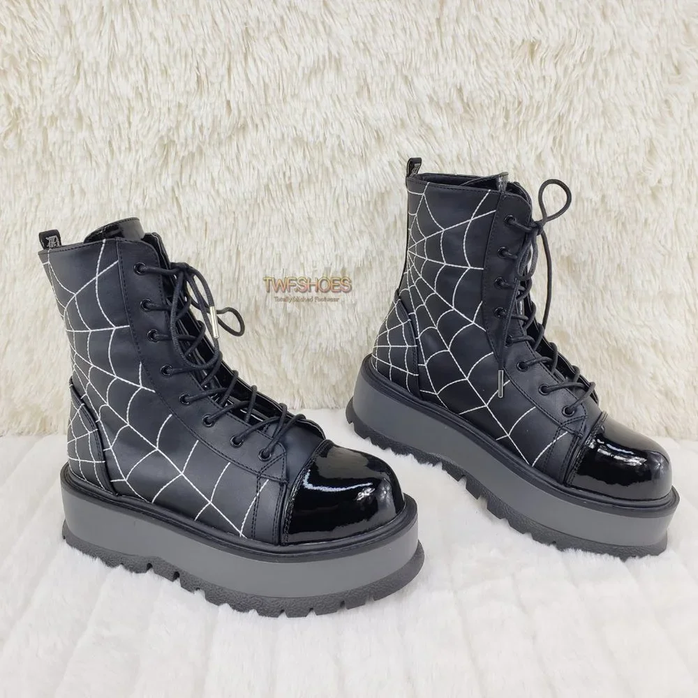 Black Matte Platform Spider Web Ankle Boots Punk Rave Festival Slacker_14